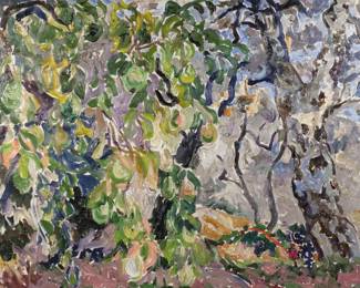 CARLO LEVI (ITALIAN, 1902-1975) | Sottobosco, 1963. Oil on canvas. h. 28-3/4 w. 36-1/4 in. Abstract trees with high impasto; signed on verso, and with Galleria Annunciata, Milano label on verso. Overall: 36-1/2 x 44 in. (frame)
