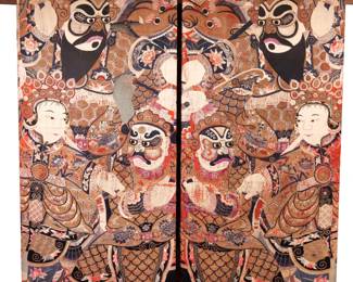 PAIR LARGE JAPANESE SILK EMBROIDERED PANELS | 20th century, a pair of mirrored scenes with various armored figures and a dragon, embroidered in silk and metallic threads, mounted on a rolling track (track included). h. 96 w. 52 in. (each)