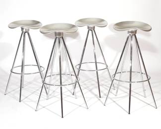 (4PC) PEPE CORTES FOR AMAT, JAMAICA STOOLS | Chrome-plated stools, impressed JAMAICA STOOL / DESIGN BY PEPE CORTES / FOR AMAT / MADE IN SPAIN. h. 32 dia. 20 in.