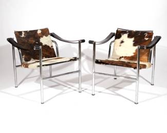 PAIR EARLY CASSINA HORSEHAIR & LEATHER ARMCHAIRS | A pair of early Cassina LC1 Basculant chairs designed by Perriand, Jeanneret, Le Corbusier, sling chairs with horsehair seats/backrests and leather arms. 