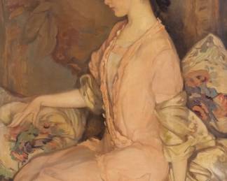 MARY SHEPARD GREENE BLUMENSCHEIN (1869-1958) | Stylized portrait of a woman. Oil on canvas
h. 30-1/4 w. 21 in. Signed with initials "MGB" and dated 1914 lower left, and signed on verso, original frame with label Albert Mil----, Manufacturer of frames, NYC; inscribed on verso, "Bar---" (?) Overall: 34-1/2 x 25-5/8 in. (frame)