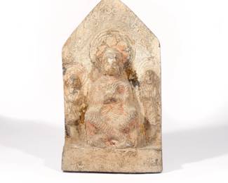 BUDDHIST CARVED & POLYCHROMED STELE | Buddha flanked by two attendants, each with flame mandorla. h. 15 w. 8-3/4 d. 1 in.