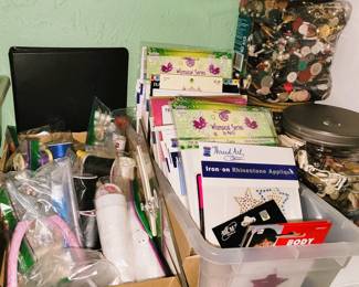 Sewing Notions, thread, buttons, Rhinestone Appliques, fabric appliques, kits, bobbins, pins, zippers