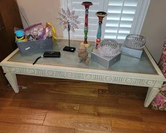 Retro style coffee table, crystal bowls and pretty decor