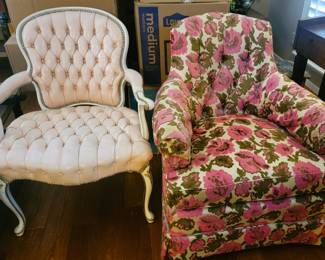 Retro leather pale pink chair, Floral retro chair