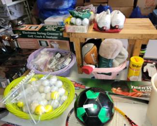 Golf supplies: balls, clubs, tees, covers