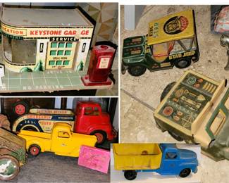 1940s vintage and wind up toys: jeeps, military vehicles, cars, trucks and gas station