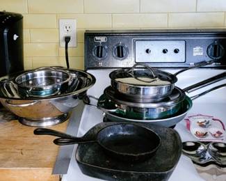 Pots and pans, Coffee maker, knives, flatware, utensils