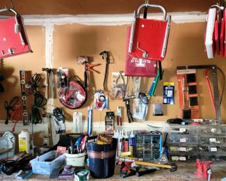 Hand tools and hardware.  Stadium chairs A and M