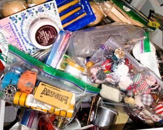 Craft supplies and sewing notions: pins, measuring tapes, buttons, thread, paint brushes, glue and more