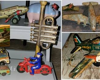 1940s vintage and wind up toys: Airplanes, jets, motorcycles, and models