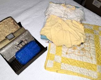 Formal clutch handbags, vintage quilted pillow cases and baby clothes