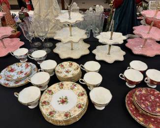 Rose Cameo Peach, Peppermint Damask, and Blue Damask Dishes.