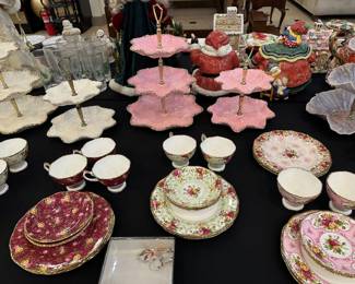 Rose Cameo Pink, Pink Damask, Rose Cameo Green, and Ruby Lace dishes.