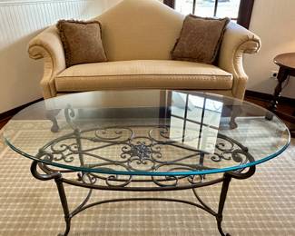Ethan Allen Camelback Sofa and Wrought Iron and Glass Coffee Table