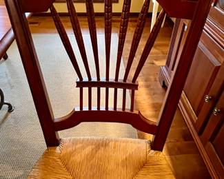 Ethan Allen Cherry Wood Dining Table with Metal Wrought Iron Base and 4 Wheatstack Back Dining Chairs