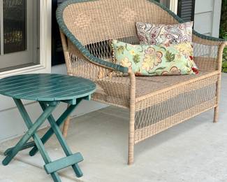 Wicker Loveseat and Green Foldable Round Side Table