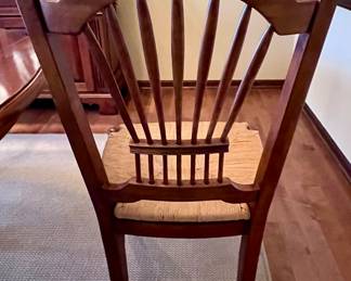 Ethan Allen Cherry Wood Dining Table with Metal Wrought Iron Base and 4 Wheatstack Back Dining Chairs