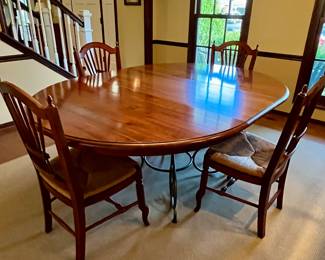Ethan Allen Cherry Wood Dining Table with Metal Wrought Iron Base and 4 Wheatstack Back Dining Chairs