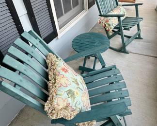 Pair of Wood Foldable Rocking Chairs and Round Foldable Table