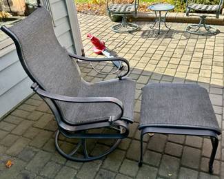 Tropitone Patinated Cast Aluminum Table with 2 Shoreline High Back Sling Swivel Rockers and 4 High Back Sling Dining Chairs plus Bonus Ottoman.  