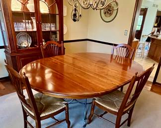 Ethan Allen Cherry Wood Dining Table with Metal Wrought Iron Base and 4 Wheatstack Back Dining Chairs