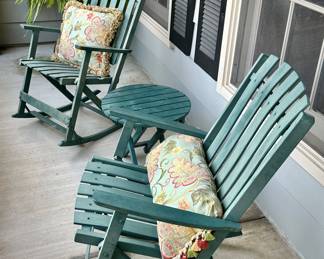 Pair of Wood Foldable Rocking Chairs and Round Foldable Table