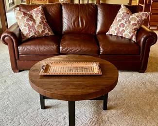 Ethan Allen Leather Sofa in Brown and Room & Board Round Griffin Coffee Table