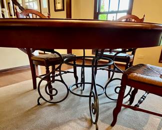 Ethan Allen Cherry Wood Dining Table with Metal Wrought Iron Base and 4 Wheatstack Back Dining Chairs