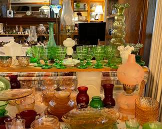 Vintage Pink & Green Glass Glass, Milkglass, Ruby Glass, Vintage Frosted Pink Glass Hurricane Lamp, Green MCM Art Glass Vase 