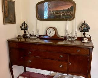 Antique Buffet/Sideboard, Antique Framed Religious Pictures, Tiffany Style Lamps, Vintage Seth Thomas Mantle Clock, Linens