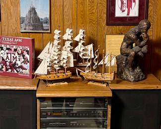 Vintage Magnavox Stereo System with Speakers, Benjamin Knox “Aggie Mom” Mum Framed Print, Vintage Wood Ship Models-Cutty Sark, The Valiant, Schooney, Vintage Marwal “The Thinker” Chalkware Statue