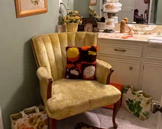 Retro Decor, MCM Yellow Velour Chair, Vintage Latch-hook Rug 