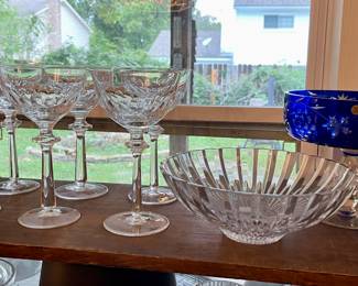 Mikasa Hampton Court Wine Glasses, Leaded Glass Wedgwood Bowl-West Germany, Cobalt Crystal cut to Clear Pedestal Serving Dish