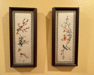 Framed Vintage Chinese Floral Bird Needle Embroidered Silk Tapestry