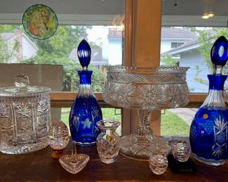 Brilliant Cut Glass Crystal Biscuit Jar, Waterford Egg, Waterford Ring Holder, Waterford Vase, Cobalt Blue Cut to Clear Decanters-Poland, Faberge Eggs