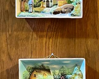 Vintage Ceramic Cottage 3D Relief Display Plates Made in Japan