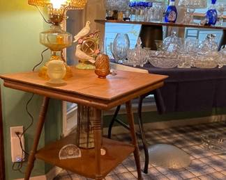 Antique Glass-Ball Footed Accent Table, Vintage Amber Electrified  Oil Lamp with Quilted Fenton Shade