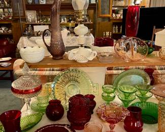 Vintage Pink & Green Glass Glass, Milkglass, Ruby Glass, MCM Purple Artglass Pitcher