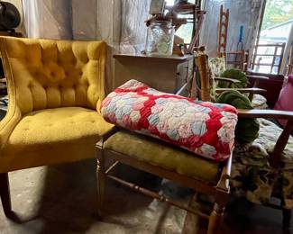 MCM Yellow Accent Chair, Handmade Quilt that needs repair