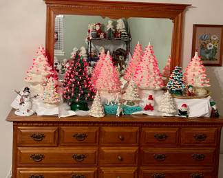 Sprague & Carleton Solid Hard Rock Maple Colonial Early American Dresser with Mirror, Vintage Handmade Ceramic Lighted Christmas Trees-Atlantic Mold, Holland Mold, Vintage Lenox “Feathered Friends” Snowman