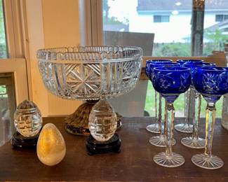 Cut Glass Eggs-Hungary, Isle of Wight Art Glass Egg Paperweight-England, Cobalt Crystal cut to Clear Wine Glasses