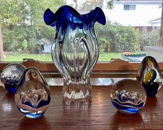 Egerman Czech Republic Cobalt Blue & Clear Glass  Heavy Vase, Vintage Artglass Paperweights