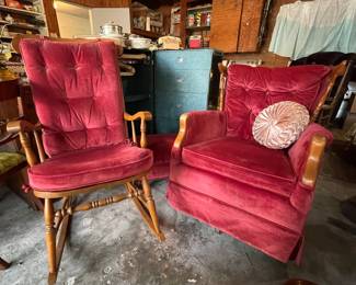 Vintage Dark Coral Pink Velour Swivel Rocker, Ottoman  and Rocking Chair 