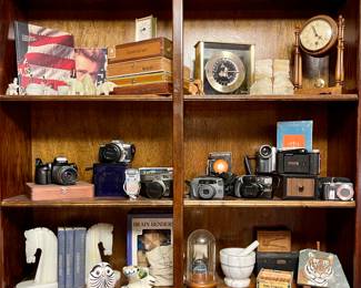 Vintage Cameras, Onyx Figures, Mortar & Pestle Set, Vintage Clock, Seiko World Time Clock, Cigar Boxes