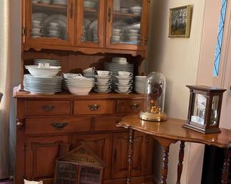Tell City “Young Republic” Solid Hard Rock Maple Buffet w/Hutch, Antique Accent Table, Vintage Anniversary Clock, Vintage German Linden Shelf Clock, Knick-knack Cabinet, Handmade Ceramic Cat