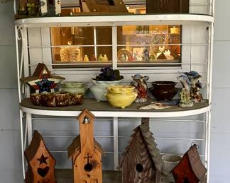 Handmade Birdhouses, Vintage Metal Shelf, Violet Planters