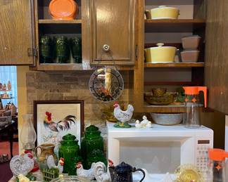 Microwave, Chicken Decor, MCM/Vintage Green Moon & Stars LE Smith Set of 4 Canisters, Vintage Green Bartlett Collins St. Genevieve Goblets, Centura Casserole Dishes by Corning