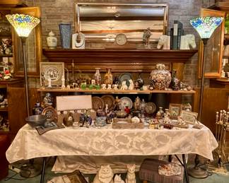 Tiffany Style Torchiere Floor Lamps, Vintage Handmade Ceramic Cats