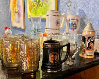 MCM Barware, Notre Dame Beer Mugs, MCM Smoky  Glasses with Gold 